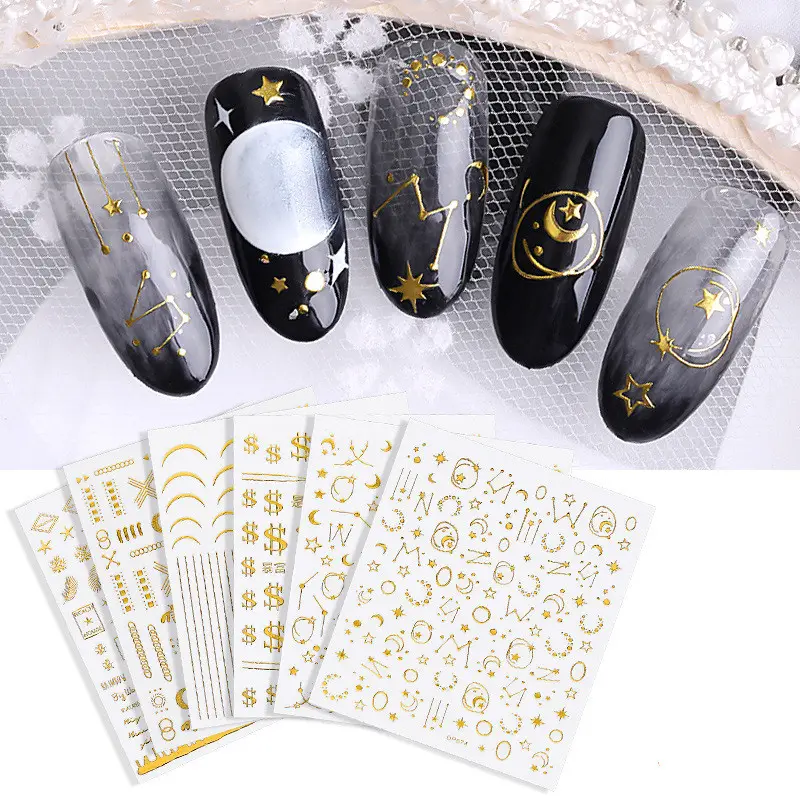 Stars and Moons Sky Designs Nail Art Stickers Beauty Nail Decals 3D Metallic Gold Color Nail Sticker Wholesale