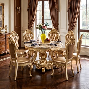 Ensemble de table à manger de luxe européen avec plateau tournant, cadre en bois massif sculpté doré, chaises en cuir PU, mobilier de salle à manger, vente en gros - Product Image 5