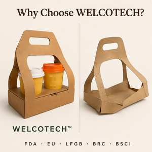 WELCOTECH Portabicchieri in Carta Kraft Usa e Getta con Manico, Ecologico, Riciclabile, Confezione Piatta per <span class=keywords><strong>2</strong></span> Bicchieri, Logo Personalizzabile - Product Image 5