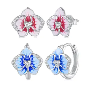 Nuovo arrivo 925 orecchini in argento Sterling rosa farfalla orchidea orecchini smaltati Phalaenopsis fiore orecchini per le donne gioielleria raffinata