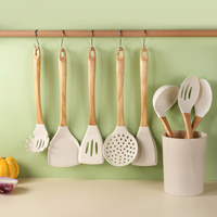 MANJIA Ensemble d'ustensiles de cuisine en silicone sans BPA résistant à la chaleur Ensemble d'ustensiles de cuisine avec spatules et poignées en bois