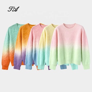 Tyan <strong>Women</strong> <strong>Fluffy</strong> Ombre Gradient Mohair Wool Sweater Crew Neck Drop Shoulder Cashmere Pullover Knit <strong>Jumper</strong> - Product Image 1