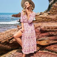 Robes longues pour femmes, style bohème, bouton vintage, manches courtes, imprimé floral, vente en gros 2022, élégantes, décontractées, bohèmes, plage