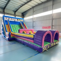 Parcours d'obstacles gonflable pour enfants avec toboggan et design violet rose, château gonflable commercial pour fêtes d'anniversaire