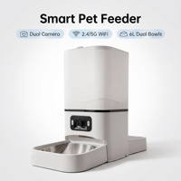Fontaine à eau pour animaux de compagnie 6L, double bol amovible, double caméra intelligente, distributeur de nourriture pour animaux de compagnie avec objectif 180°, anti-confrontation, double sortie, contrôlé par application WiFi, grande capacité pour chiens