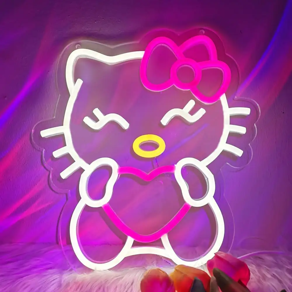 Tanda Hello Kit Neon, tanda Neon anak kucing dapat diredupkan untuk kamar Game kamar tidur, tanda lampu Neon kucing lucu untuk hadiah anak perempuan