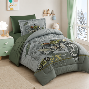 Juego de Ropa de Cama Infantil con Diseño de Motocicleta Vintage, Edredón Retro para Niños, Reversible, Verde Oliva y Gris, Decoración para Habitación Juvenil - Product Image 1