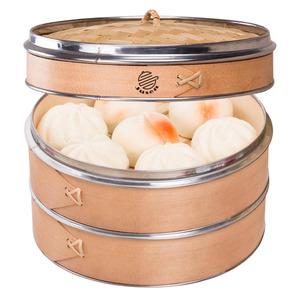 JUSEN Vaporera China Artesanal de Madera con Anillo de Acero Inoxidable, Capacidad de 5-6L, Apta para Gas e Inducción, Vaporera de Bambú para Dim Sum - Product Image 1
