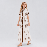 Robe chemise longue brodée motif cachemire blanc et marron pour femme, à manches courtes, col contrastant, ceinture intégrée, vente en gros OEM ODM