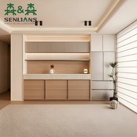 Buffet moderne minimaliste avec comptoir ouvert, rail électrique, étagère flottante et tiroirs, finition chêne taupe