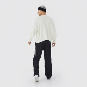 <b>Men's</b> <b>White</b> Knitted Crew Neck Thermal <b>Sweater</b> and Black Side Stripe Pants Two Piece Casual Set - Product Image 1