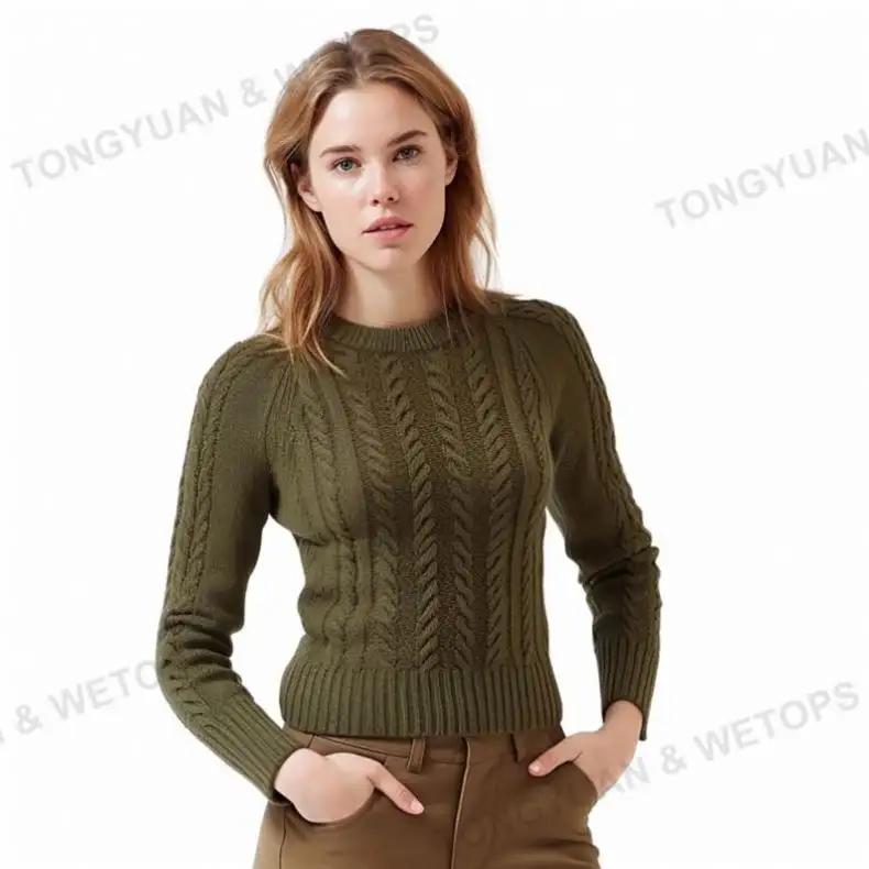 Wholesale Girl Peru Alpaca Olive Drab Color Custom Cable Knit Sweater For Women