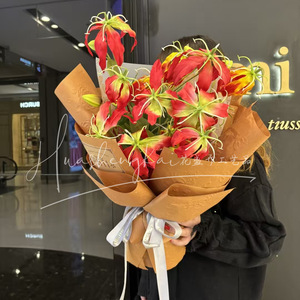 Gloriosa Flame Lily Artificial <b>Flowers</b> 3-Head Sunset Red Silk High Simulation Wedding Home Decor - Product Image 4