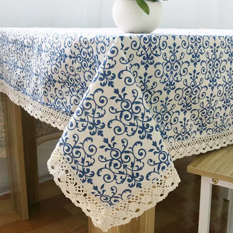 ब्लू सरपत फूल पैटर्न Tablecover सिलाई सफेद Tassels डाइनिंग टेबल कपड़ा