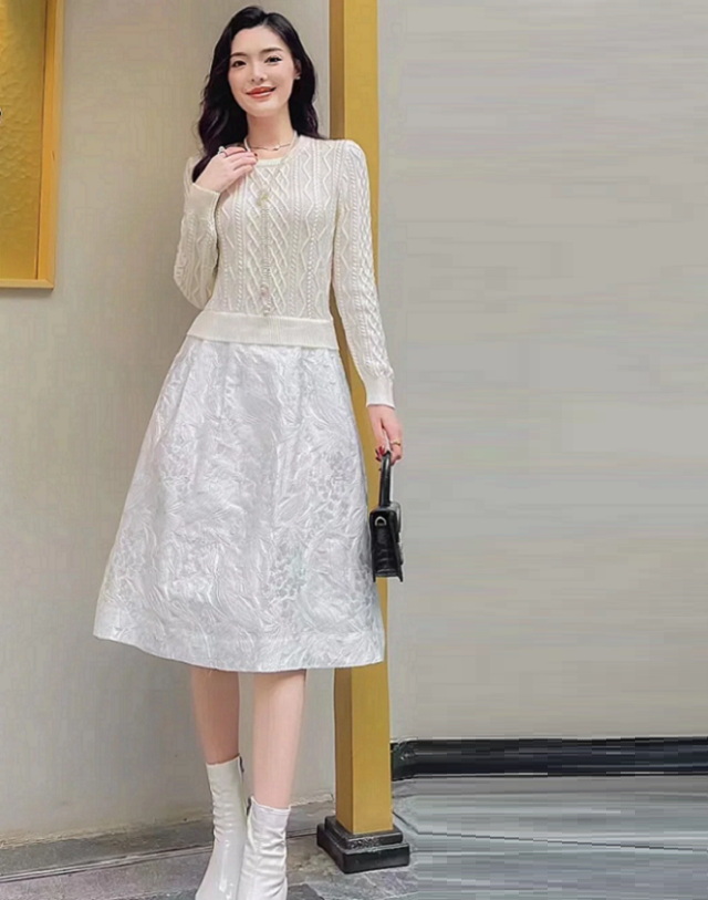 2023 High Quality Vintage Jacquard Prints Knitting Patchwork Long Sleeve  Beige Blue Casual Dress for Women Autumn Winter Sweater| Alibaba.com