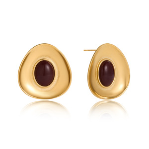 Stud <b>Earrings</b> 18K Gold Stainless Steel <b>Red</b> Inlaid Geometric Concave Design For Fashion Jewelry - Product Image 5