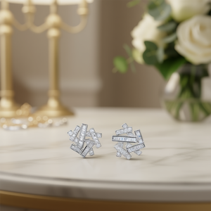 Orecchini a Perno Geometrici in Oro Bianco con Diamanti Taglio Baguette, Incastonatura a Canale, Gioielli alla Moda per Donna - Product Image 2