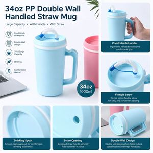 Bouteille d'eau à double paroi en PP de 22 oz et 34 oz avec logo personnalisé, paille, poignée, pour camping, fête, ou comme mug de camionneur - Product Image 4