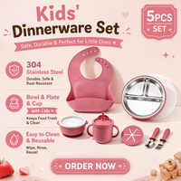 Ensemble de vaisselle pour bébé en acier inoxydable 304, assiette à forte succion, bol avec couvercles, fourchette, cuillère, bavoir, ensemble de vaisselle pour enfants, vente en gros