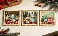 Sous-plat en céramique rétro personnalisable pour l'hiver avec motifs de ville de Noël / chocolat chaud et cupcakes, protection de table antidérapante