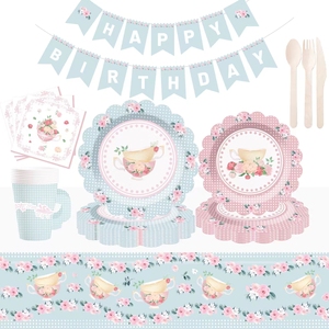 ชุดถ้วยน้ำชา จานรอง กระดาษเช็ดปาก ถ้วยชาและจานรองพร้อมหูจับ สำหรับงานเลี้ยงวันเกิดเจ้าหญิง ตกแต่งงานฉลองวันเกิดเด็ก ลายดอกไม้ - Product Image 2