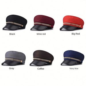 หมวกเบเร่ต์แฟชั่นอังกฤษ ฤดูใบไม้ผลิ/ฤดูใบไม้ร่วง ปี 2025 ตกแต่งด้วยโซ่โลหะลายก้างปลา ปีกหมวกทำจากหนัง PU  แบบปรับได้ หมวกทรงกัปตัน - Product Image 2