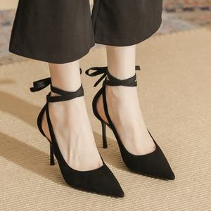 Zapatos de boda de verano de cuero dorado para mujer, color champán, estilo chino, tacón de aguja, punta puntiaguda, con lazo - Product Image 4