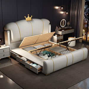 <span class=keywords><strong>Fancy</strong></span> lưu trữ giường đặt đồ nội thất phòng ngủ itaian sang trọng mềm Vua giường với ánh sáng ban đêm hiện đại cao cấp màu xám da khung giường - Product Image 4