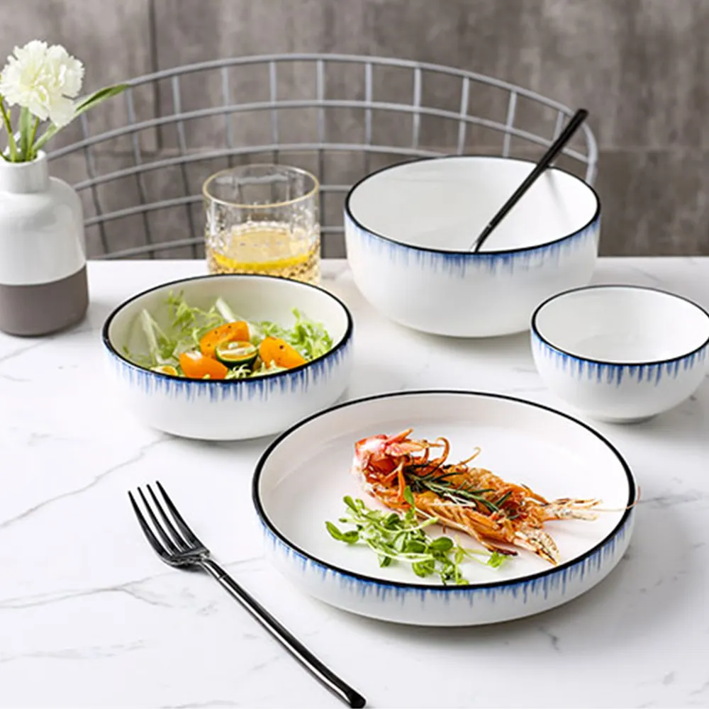 Wholesale High White Porcelain Blue Rimmed Dinnerware Set Round Bowls And Plates Royal Luxury Porcelain Dinner Set