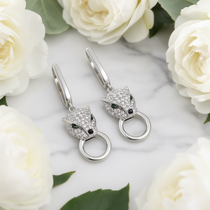 Pendientes de lujo con cabeza de zorro en oro blanco y cristales de imitación, plata 925 chapada en rodio para mujer, joyería de fiesta - Product Image 2