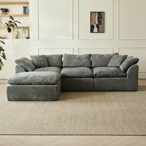 Sofá Modular de Tres Plazas, Moderno y Acogedor, con Relleno de Espuma Gris Claro, Comprimido al Vacío, Tamaño Estándar, con Otomana de Tela - Product Image 1