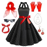 Ensemble de costume de robe à pois pour Halloween, tenue de fête rétro pour femmes, robe à bretelles avec lunettes œil de chat et écharpe pour Halloween