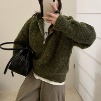 Pull cardigan à capuche en laine pour femme, motif uni, fermeture éclair, style coréen doux, tricot ample, anti-rides