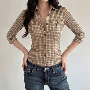 Camisa a cuadros de cintura ajustada para mujer, estilo casual de verano, manga 5/8, cuello con botones, estilo urbano - Product Image 5