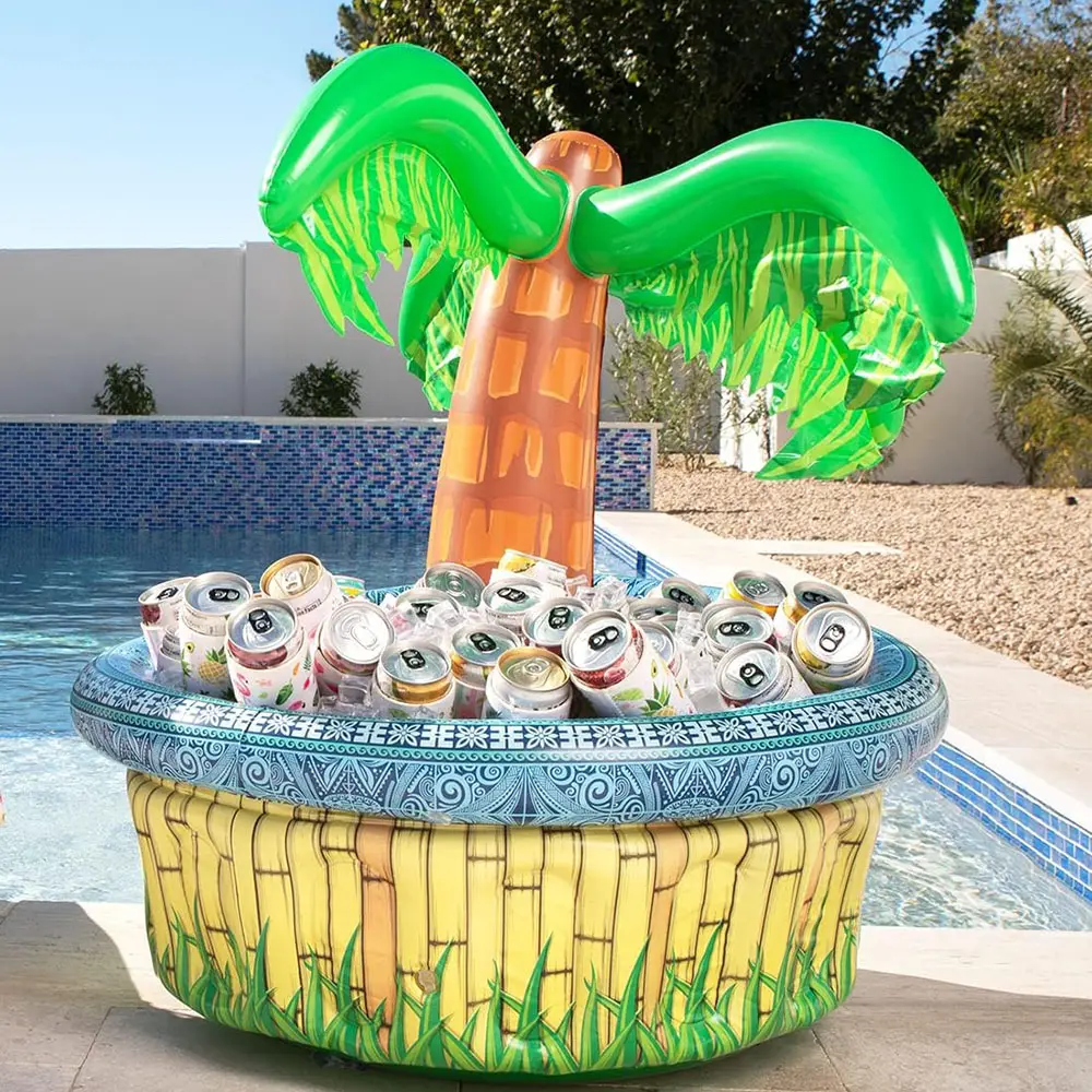 Enfriador de cubo de hielo para bebidas de palmera inflable grande para decoraciones de fiestas temáticas de playa o fiesta de cumpleaños de niños y adultos