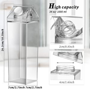 Bouteille d'eau en acrylique réutilisable anti-fuite, style carton de lait, 500ml/1000ml, en plastique transparent, design carré moderne, avec bouchon à vis, pour le camping - Product Image 2