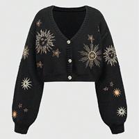 Cardigan en tricot brodé pour femme, automne-hiver, avec boutons, imprimé soleil et lune, manches longues, ouvert sur le devant, vêtement d'extérieur chaud