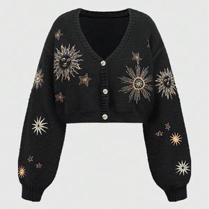 Cardigan in <span class=keywords><strong>Maglia</strong></span> da Donna Autunno Inverno <span class=keywords><strong>con</strong></span> Ricamo, Motivo Sole Luna, Maniche a Lanterna, Scollo a V - Product Image 3