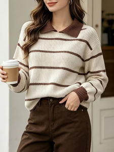 Suéter <span class=keywords><strong>de</strong></span> Punto Tipo Polo a Rayas para Mujer, Otoño-Invierno 2026, Cuello en Contraste, Manga Larga, Cuello Redondo Acanalado, 100% Poliéster, Estilo Old Money - Product Image 3