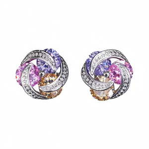 Boucles d'oreilles en cristal Swarovski, argent 925 plaqué rhodium, motif floral, améthyste rose, bijoux de fête, style romantique pour femmes - Product Image 1