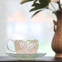 Ensemble tasse et soucoupe en verre Liuli artisanal 170 ml, motif fleur d'hibiscus dégradé rose en relief, mug à expresso de luxe, cadeau artistique OEM