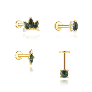 Pendientes de Plata S925 Chapados en Oro con Ágata Verde Musgo y Circonita Cúbica, con Rosca Interna y Parte Trasera Plana para Mujer - Product Image 1