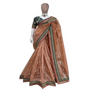 Sari en soie pour femmes avec blouse brodée, tenue de mariage indienne traditionnelle, sari long jusqu'au sol, robe de soirée de créateur - Product Image 1