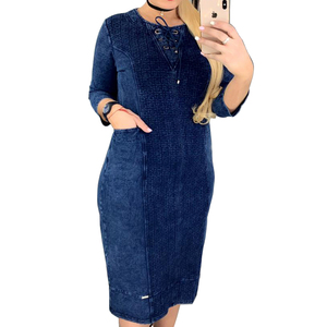 talla grande azul a cuadros Falda de tubo de tela vaquera suelta cuello redondo encaje hasta tres cuartos vestido largo - Product Image 2