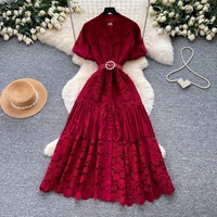 Robe longue élégante en dentelle verte à manches bouffantes et à volants, avec ceinture en perles, pour femmes, vêtements décontractés pour les fêtes et le quotidien