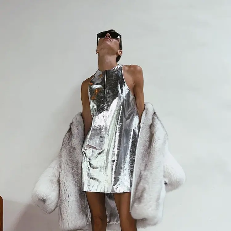 Женское облегающее платье из искусственной кожи, Летнее мини-платье 2023 с круглым вырезом, без рукавов, сексуальное уличная одежда для вечеринок, классическое платье