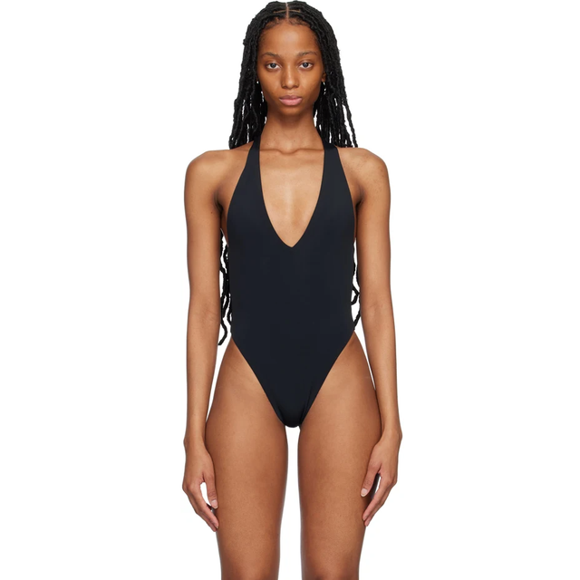 Solid Black Sexy Swimwear & Beachwear Deep V Neck Cut Out Low Back High Cut Cheeky Bottom Women's One Piece Swimsuits