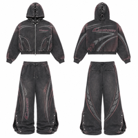 Ensemble sweat à capuche zippé et pantalon large imprimé flamme personnalisé, survêtement dégradé délavé pour homme, streetwear hip-hop, tenues quotidiennes 100% coton