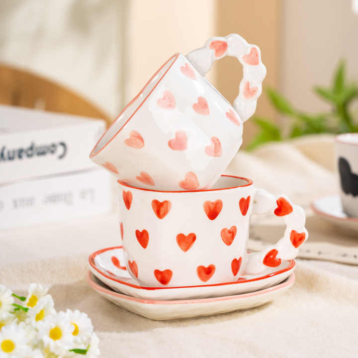 Hand-Painted Pink Heart Ceramic Cup Saucer Set Creative Vintage Retro Classic Retro Fresh Small Fresh Water Cup