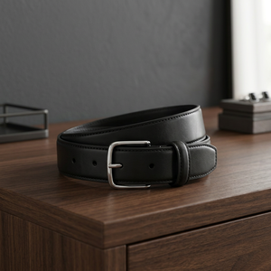 Ceinture en cuir noir classique de qualité supérieure, fabriquée par Divine International, fabricant de ceintures à marque privée. - Product Image 1